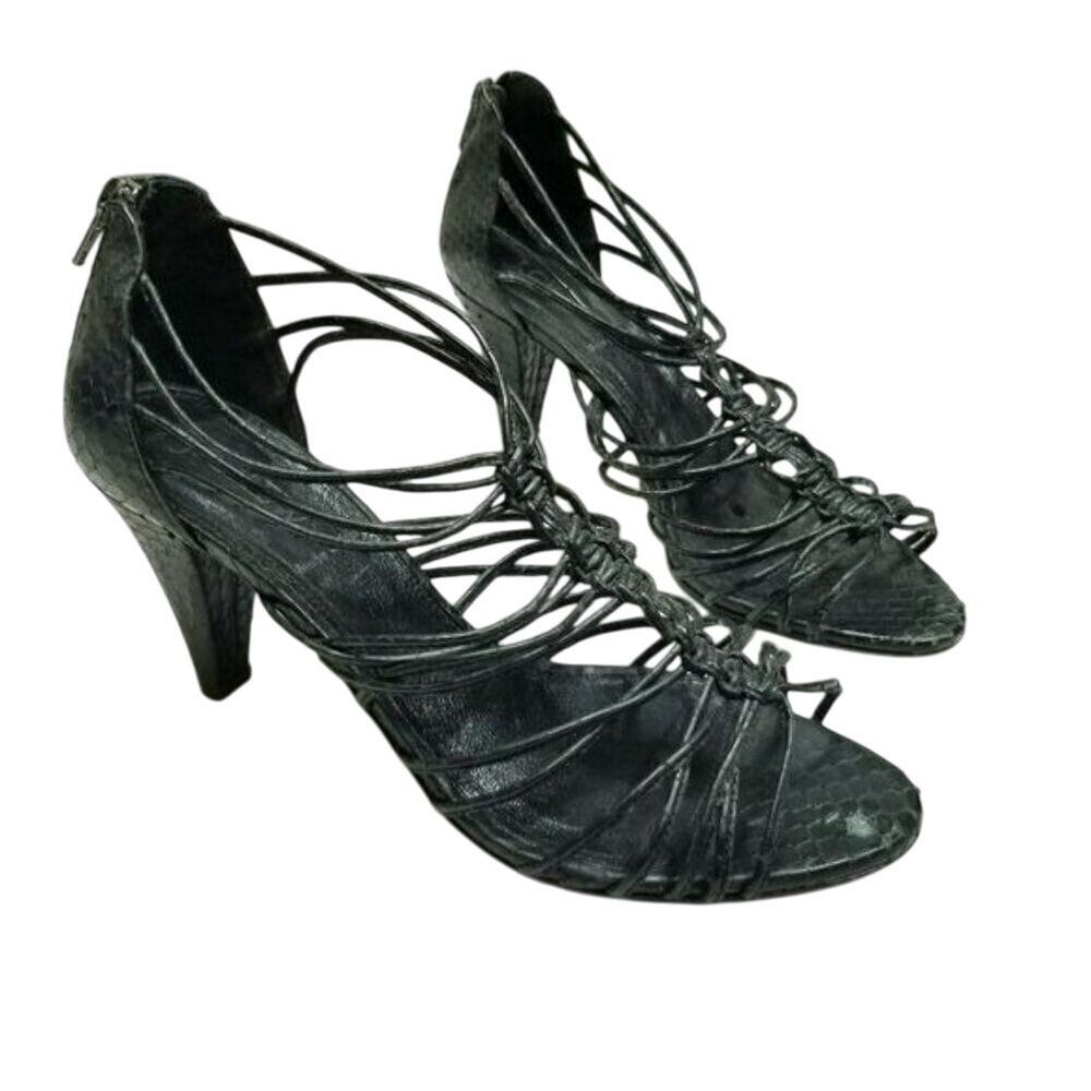 J.Crew Real Snakeskin Python Strappy Heels‎ Leather Sandals Black Dark 8 Italy